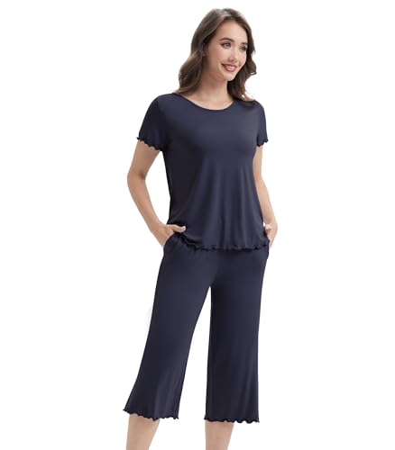 Image of WiWi 3 PCS Pajamas for Women Set Short Sleeve Pajama Sets Capri and Shorts Pj Sets Super Soft Cooling Sleepwear S-XXL