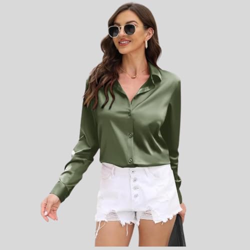 Image of IndoPrimo Women's Satin Shirt with Spread Collar Neck Line Solid Pattern Full Sleeves Regular Fit Western Style and Standard Length