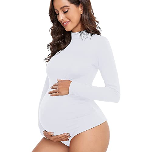 Yonabtf Women's Maternity Shirt Bodysuit Long Sleeve Basic Top Mock Neck Bodycon T-Shirt For Pregnant Photoshoot White M #TOP26