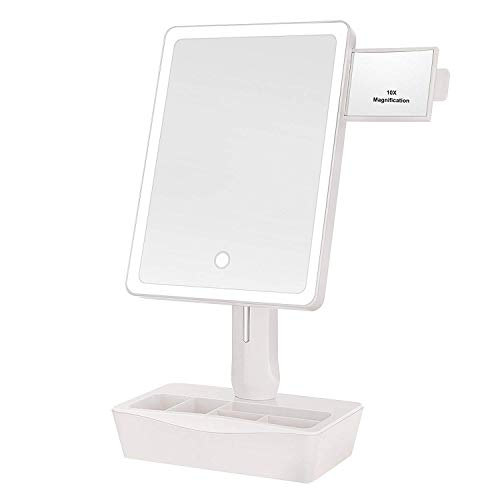 GROWRICH Lighted Makeup Mirror,with (2.9"x2.5") 10X Magnifying and Slide-out Spot Mirror, Vanity Mirror with Lights,180 Degree Rotation ,Smart Dual Power Supply and Adjustable LED Lights