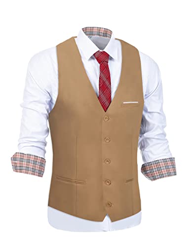 Furuyal Suit Vests For Men Dress Vest Tuxedo Waistcoat Formal Business Vests Khaki M #TOP2