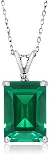 Gem Stone King 925 Sterling Silver Green Simulated Emerald and White Diamond Pendant Necklace For Women (6.52 Cttw, Emerald Cut 14X10MM, with 18 Inch Silver Chain)