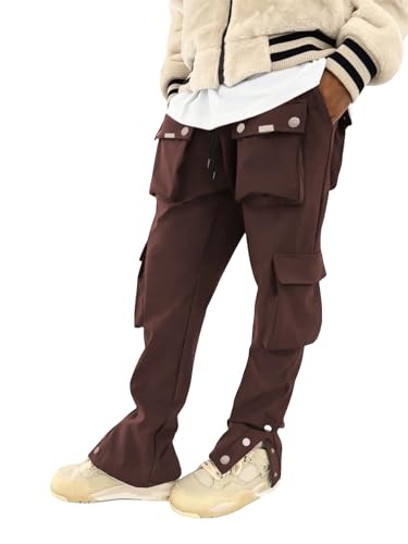 OYOANGLE Men's Streetwear Drawstring Waist Button Side Flap Pocket Crago Pants Trousers