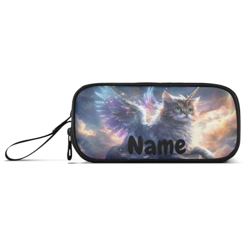 Image of Custom Unicorn Cat with Wings Pencil Case Box Boys Girls Personalized Name Large Pencil Pouch Stationery Pen Bag Organizer for Kids Adults School Office