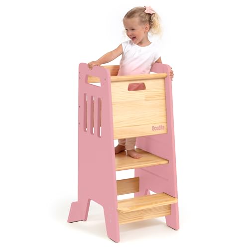 Ocodile Toddler Tower with a Sliding Door and 3 Adjustable Heights Complete Toddler Kitchen Stool Helper with Support Feet Safe Design for 18 Months to 6 Year Old Kids Pink
