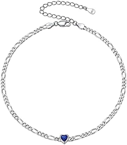 925 Sterling Silver Figaro Chain Birthstone Anklet for Women Adjustable Ankle Bracelet 22cm+5cm Extend Chain(with Gift Box)