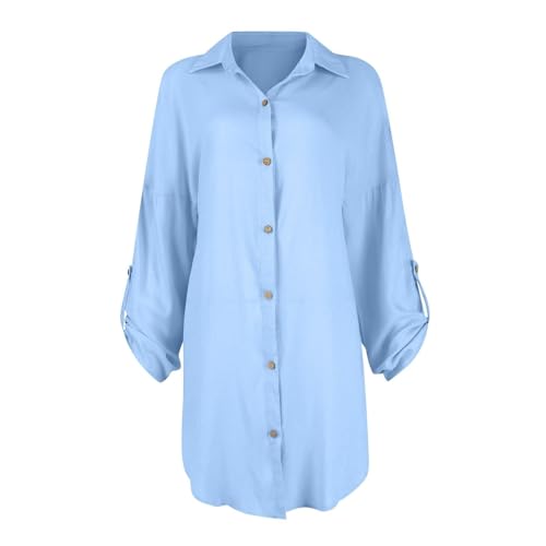 Vestido casual de verano de Woen, de manga larga, para playa, casual, holgado, para playa, vacaciones, vestido corto, azul celeste, XL