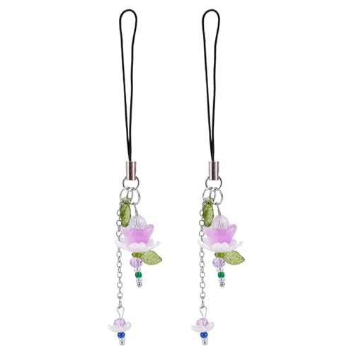 2pcs Lotus Flower Phone Strap, Zinc Alloy Glass Beaded Flower Phone Charm Aesthetic Elegant Keychain Charms for Women Bag Wallet (Purple, Black)