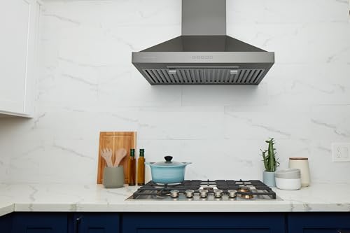 Image of Hauslane | Chef Series 30 inch WM-590 | Black Stainless Steel Fingerprint and Smudge Resistant | 3 Speed Wall Mount Kitchen Fan | Easy Clean Baffle Filters, LED | Duct or Ductless Options