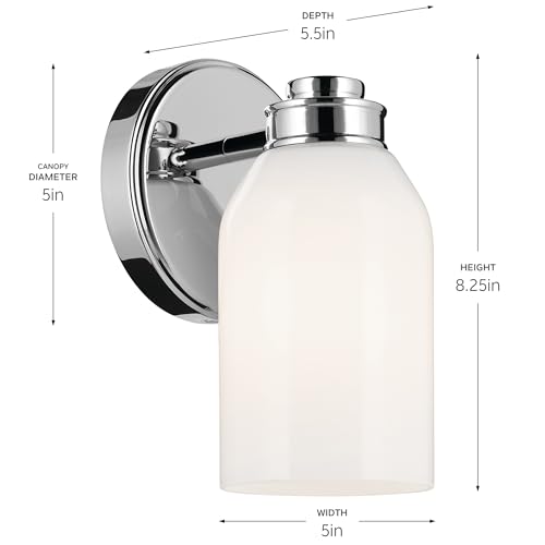 Image of Kichler Shae 1-Light Bathroom Wall Light, Chrome | White opal glass wall light for bathrooms, hallways and mirrors (5 inch x 8.25 inch), 55200CH