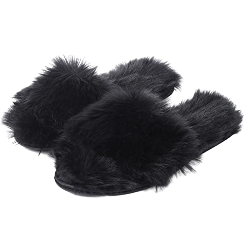 Fuzzy Open Toed Slippers for Womens Furry Home Slippers Fluffy Slip on House Shoes Indoor Outdoor Slippers