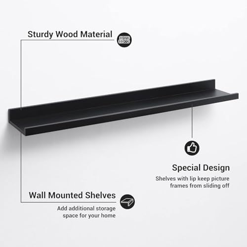 Image of Wooden Floating Wall Shelves Set of 3 for Living Room & Bedroom | Modern Wall Mounted Display Rack for Decor, Photo Frames, Plants & Storage (Black, 47 Inch)