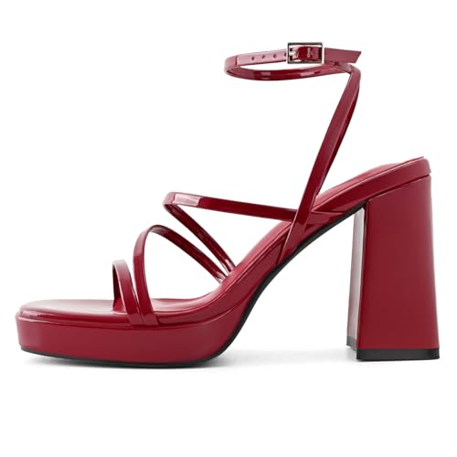 Image of Shoe'N Tale Platform Heels for Women Strappy Block Chunky Heels Square Toe Ankle Buckle Sandals