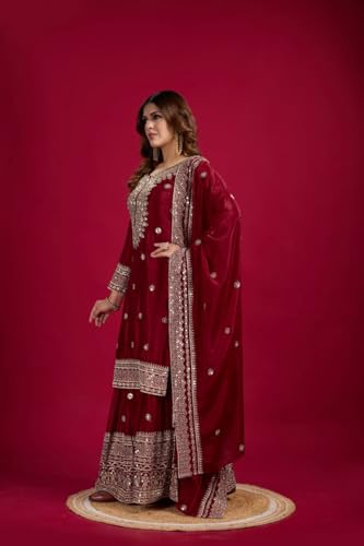 Image of Women's Embroiderd Chinnon Fabric Sharara Top and Dupatta for Women Purple wedding salwar suit readymade
