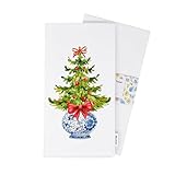 Chinoiserie Christmas Tree Towel - Blue and White Kitchen Decor, Preppy Hand Towels, Tea Towels - 100% Certified Organic Cotton Flour Sack, White