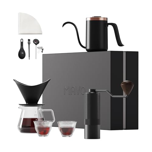 Image of MAVO Pour Over Coffee Maker Set, 12 in 1 Set Box, Manual Coffee Grinder, Pour Over Kettle, Ceramic Pour Over Coffee Dripper with Tray, Glass Servers, Coffee Cup, Paper Filter, Black