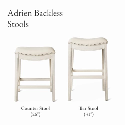 Image of Maven Lane Adrien Backless Counter Stool - Set of 4 - 26 Inches - Saddle Stool with Footrest - Cream Solid Wood Frame & Cream Fabric Upholstery - Perfect for Kitchen Islands & Counters