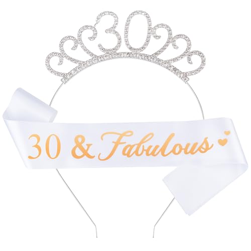 Fantasyon 30th Birthday Crown and Sash, Crystal Tiara, Rhinestone Crown for 30th Birthday Gift, Party Accessories