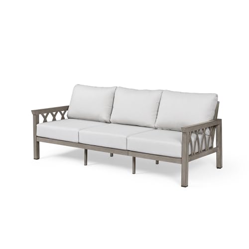 SEEHILL Outdoor Aluminum 3-Seat Sofa, Patio Couch with 5.9'' Thick Cushions, Weather-Resistant Outdoor Club Sofa Couch, Modern 3 Seats Outside Sofas Furniture for Garden, Porch, Balcony, Limed Oak