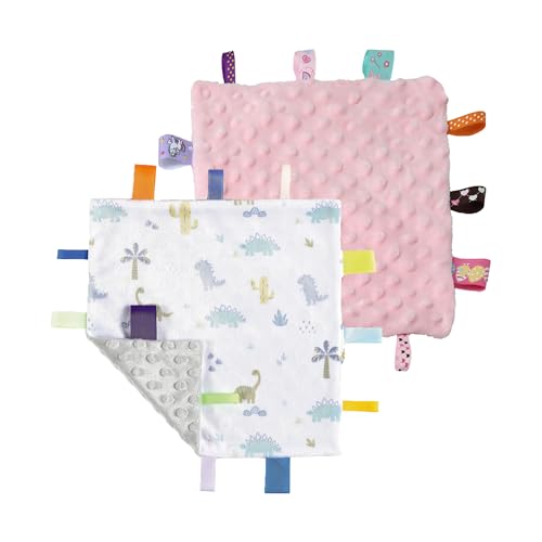 Image of CREVENT Tag Security Blankets for Babies, Soft Small Loveys for Boys, Baby Comforter Sensory Blanket, Great Gifts for Birthday Baby Shower (10"X10" Dino + Pink)