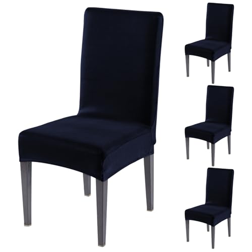 Image of HOKIPO 'SereneSolids' 140 GSM Stretchable Dining Chair Cover - Set of 4, Navy Blue (AR-6246-NBL)