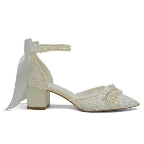 Block Heel Wedding Shoes for Bride Pointed Toe Lace Pearl Bridal Heels3
