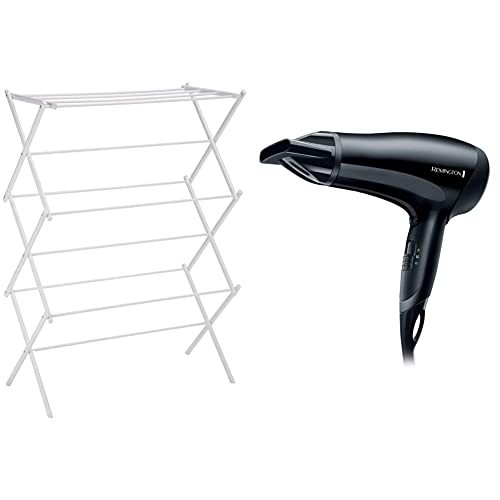 Amazon Basics Foldable Concertina Indoor Airer - White & Remington D3010 Power Dry Lightweight Hair Dryer, 2000 W, Black
