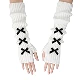 Feelorna Women's Arm Warmers, Y2K Cute Bow Arm Gloves Fashion Long Fingerless Gloves Winter Warm Arm Sleeves with Thumb Hole (White)