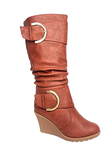 TOP Moda Pure-65 Women's Fashion Round Toe Slouch Buckle Wedge Mid Calf Boot Shoes (Tan, 9)