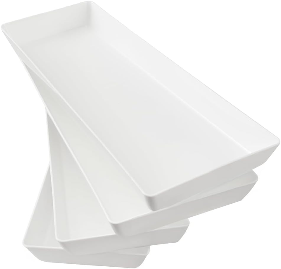 US Acrylic White Plastic Serving Trays (Set of 4) 15” x 5” | Narrow Unbreakable Reusable Rectangular Party Platters | Serve Appetizers, Fruit, Veggies, & Desserts | BPA-Free & Made in USA