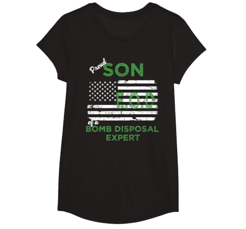 Proud Son Bomb Disposal Expert EOD Distressed American Flag T-Shirt, Girls, Black, Medium