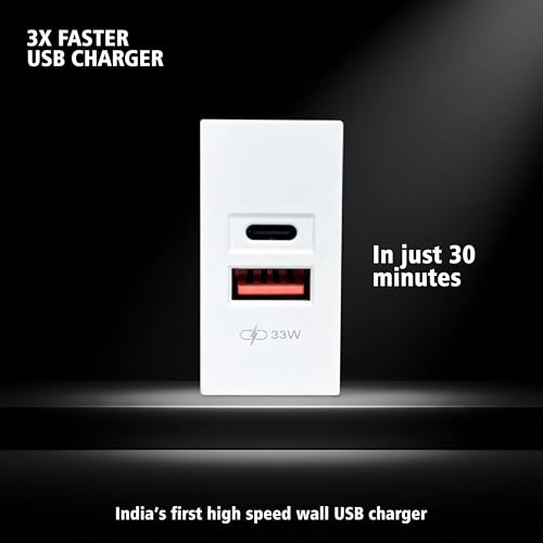 Image of MX 35W Modular USB Charger Socket with Dual Ports USB-C & USB-A, Fast Charging Wall Module for Switch Board, 90-270V AC Input, 22.5 x 45 mm Modular Plate, Power Socket for Home & Office, White