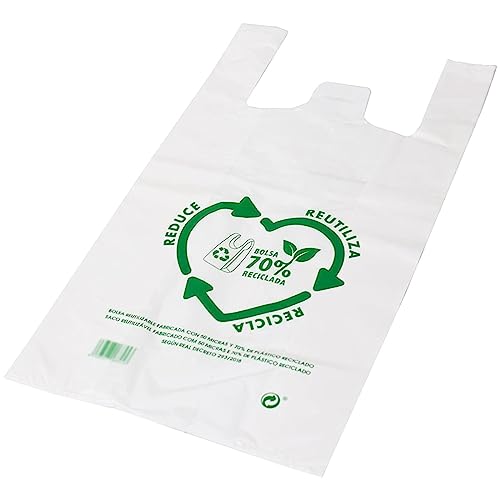 Tradineur   Pack de 25 bolsas de plástico tipo camiseta, reutilizables, gran resistencia, cumplen normativa, aptas para uso alimentario (60 x 70 cm)