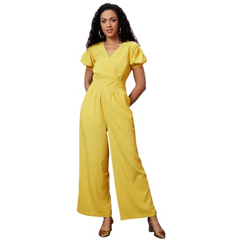Image of Globus Women Wine Solid Wrap V-Neck Short Sleeves Jumpsuit with Waist Tie-Up-3638457004