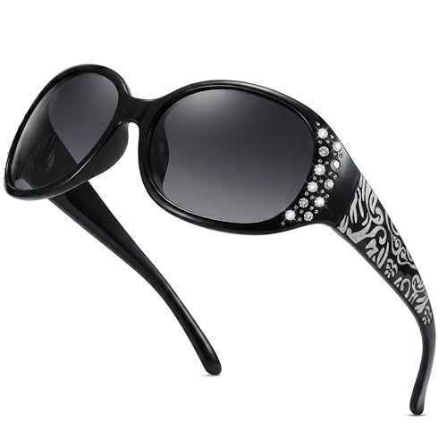 Image of LVIOE Polarized Sunglasses for Women Rhinestone Design Wrap Around Shades | UV400 Protection Fashion Sun Glasses Stylish Elegant Frame, Bonus Cleaning Cloth & Soft Pouch Plus Essential Accessories