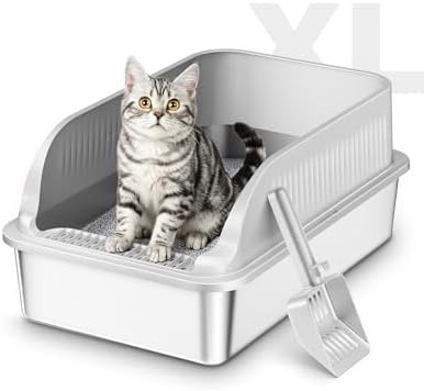 Arenero Gato Acero Inoxidable, Caja de Arenero para Gatos Grandes XXL con Pala, WC Gatos con Bordes Altos Desmontables, Antiadherente, Sin Olores y Fácil de Limpiar, Gris Claro