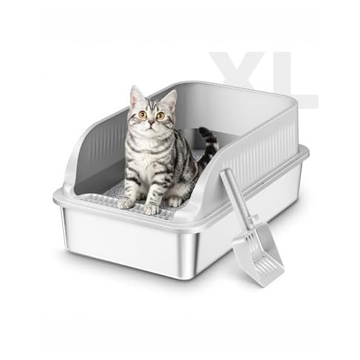 Katzenklo Edelstahl, Katzentoilette Groß XXL mit Schaufel, Katzenklo mit Abnehmbares Hoher Rand, Halbgeschlossene Katzentoilette Metall für Katzen, Geruchsfrei, Leicht zu Reinigen, Hellgrau