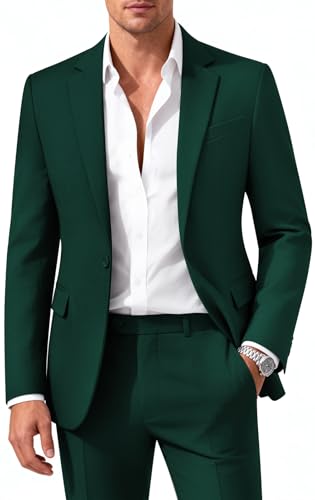 MAGE MALE Mens 2 Piece Suit Slim Fit Solid Wedding Prom Tuxedo Suit with One Button Notch Lapel Blazer and Pants Dark Green