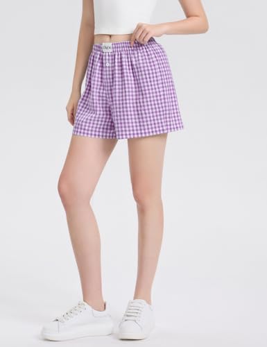 Image of LOMON Womens Boxer Shorts Casual Summer 2026 Pajama Lounge Sleep Pj Gingham Plaid Shorts Y2K Beach Bottoms