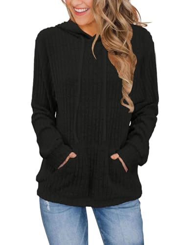 DUOEASE Pull Femme Couleur Unie Chic Sweat A Capuche Femme avec Poche Decontracte Elegant Automne Hiver Haut (Noir XL)