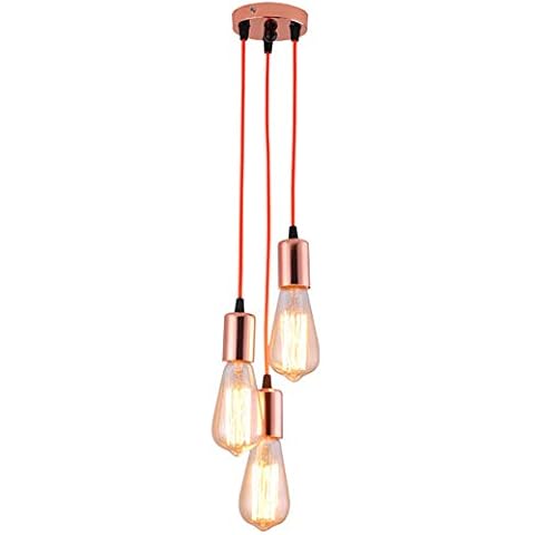 YUENSLIGHTING 3 Arms Antique Classic Edison Lamp Shade Ajustable Max. 50CM DIY Modern Spiral 3 Suspended Pendant Ceiling Spider Lamp Light E27 Retro Chandelier Dining Hall Bedroom Hotel-Rose Gold Cover