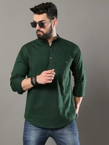 Image of DEEMOON Men's Cotton Blend Full Sleeve Short Kurta with Mandarin Collar Crafted from a Premium Cotton Blend