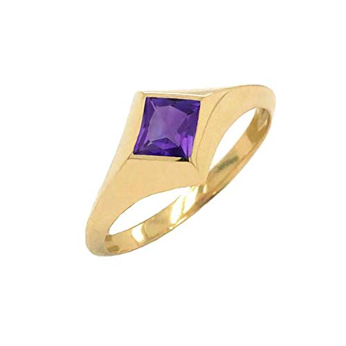 Takar Solid 14K Yellow Gold Solitaire Princess-Cut Genuine Amethyst Ring (Size 6.5) #TOP5