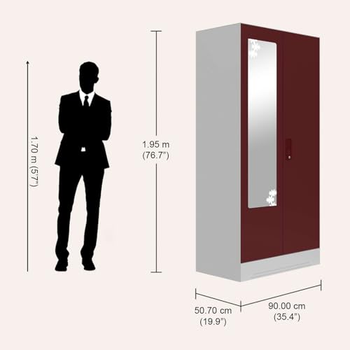 Image of Interio by Godrej Almirah Slimline 2-Door Steel Almirah, Cupboard for Clothes (Russet), 1-Year Warranty, 4 Shelves, 1 Drawer, 1 Locker, Star Design Mirror