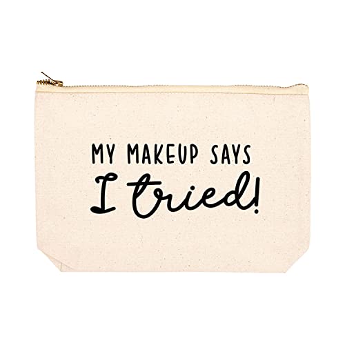 Andaz Press Funny Makeup Bag Canvas Cosmetic Bag with Zipper My Makeup Says I Tried Makeup Pouch For Purse Travel Pouch Toiletry Bag Funny Pencil Bag Cute Birthday Gifts for Women 6.5 x 9 Inch