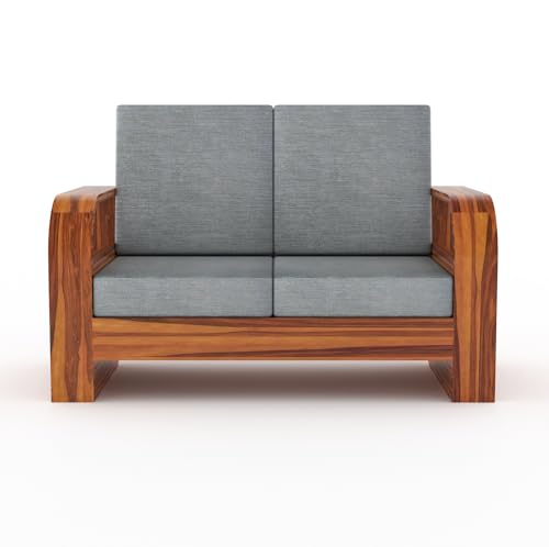 Image of Sheesham Wood 2 Seater Sofa Set with 40 Density Cushion for Living Room Home Office Solid Wood Sofa Set Furniture Wooden Two Seater Sofa Set (Natural,Grey)