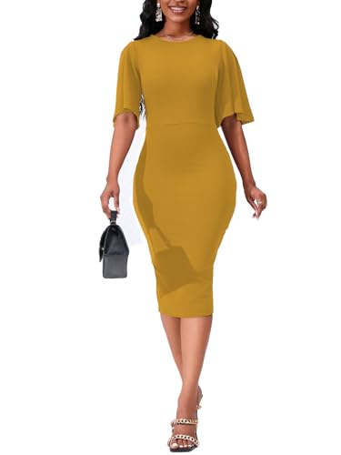 Image of Bdwinz Women's Basic Bodycon Ruffle Flared Short Sleeve Pencil Midi Dress