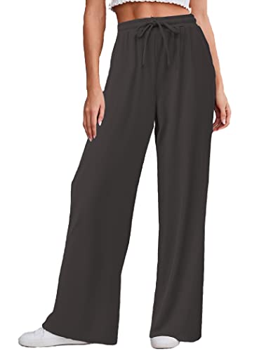 Ekouaer Women's Pajama Pants Soft Comfy Lounge Pants Wide Leg Petite Rib Knit Drawstring Pj Bottoms Dark Grey L #TOP21