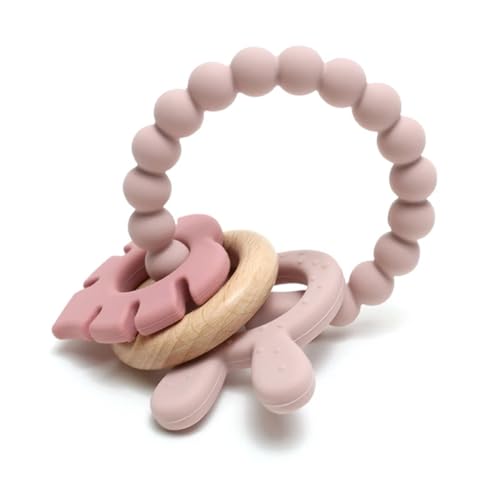 Image of | Bohemian Teether | Baby Teether | Sensory Exploration and Teething Relief | 100% Food-Grade Silicone Teether Toy | BPA Free | Chewbeads | Silicone with Beechwood Ring | (Pink)