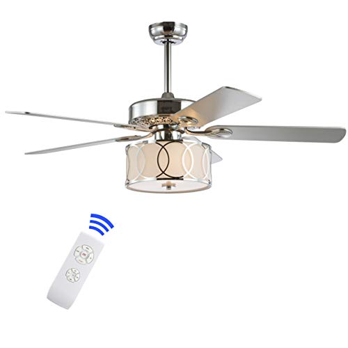 JONATHAN Y 52" Chrome Modern Glam LED Ceiling Fan with Remote, 3-Light Indoor Fan with 5 Reversible Blades, White Fabric Drum Shade for Living Room, Bedroom, ETL Listed JYL9607A by JONATHAN Y - Used condition - US$132.69